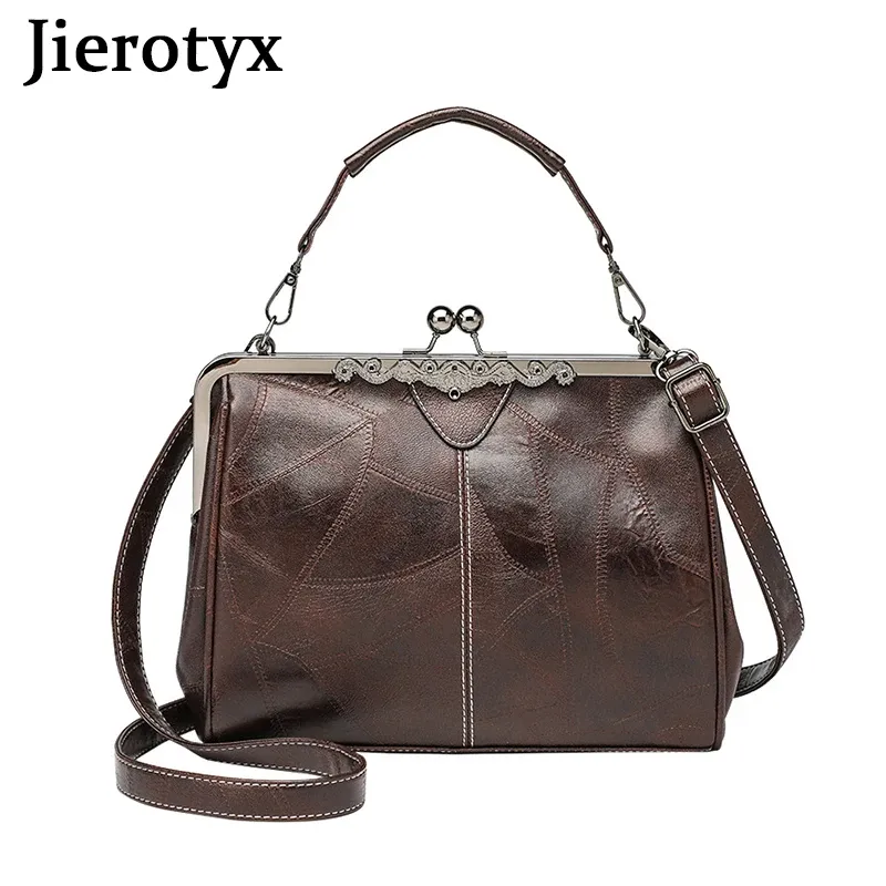 Bags JIEROTYX Vintage Kiss Lock Handbags for Women Oil Leather Evening Clutch Satchel Purse Tote Shoulder Bags Black Red