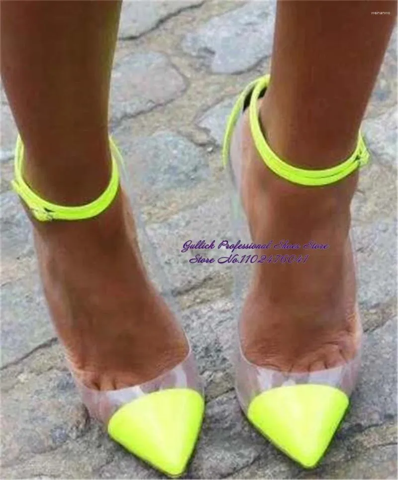 Dress Shoes Women Neon Yellow Pink Patent Leather Ankle Buckle Strap 12cm 10cm 8cm Transparent PVC Patchwork Pointed Toe Wedding Pumps