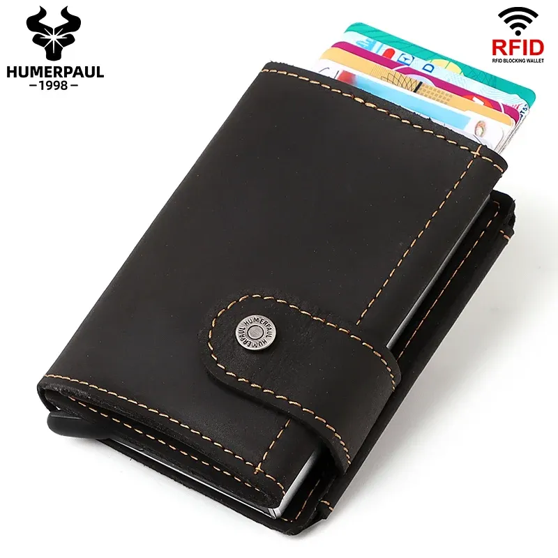 Holders Cowhide Leather PopUp Credit Card Holder RFID Blocking Bank Card Case Minimalist Wallet for Men Money Clip with Coin Pocket