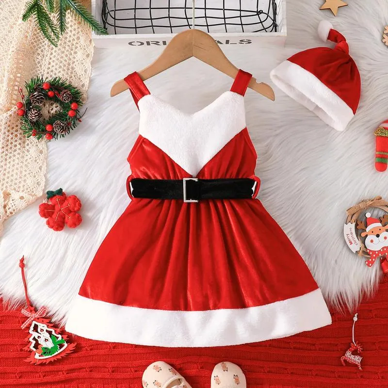 Kız Elbise Yürümeye Başlayan Kız bebek kız Noel Velvet Partisi Noel Bebek Prensesi Güzel Kontrast Renk ve Santa Hat 2 Parça Kostüm