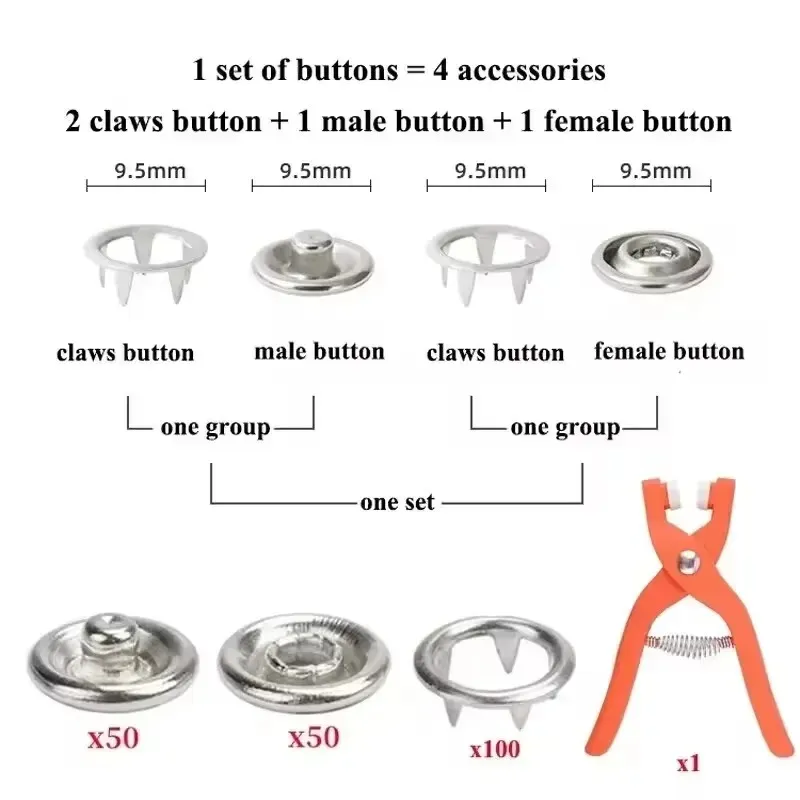 패스너 플라이어가있는 9.5mm 금속 스냅 버튼 키트 의류 재봉단을위한 도구 설치 도구 설치 도구 재봉 액세스