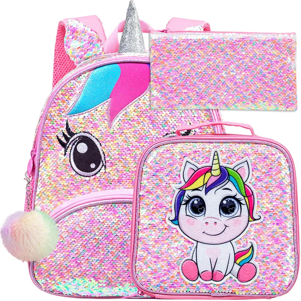 BUSSE 3pcs Unicorn Gackpack per ragazze, 12 "BOX Preschool e Box da pranzo