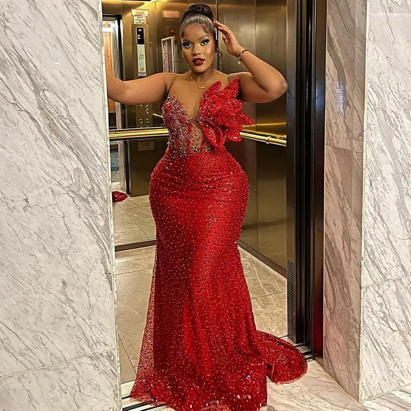 Party Dresses Red Mermaid Evening Sheer Neck Sequined Beading 3D Floral Aso Ebi Wedding Gowns Award Celebrity Dress