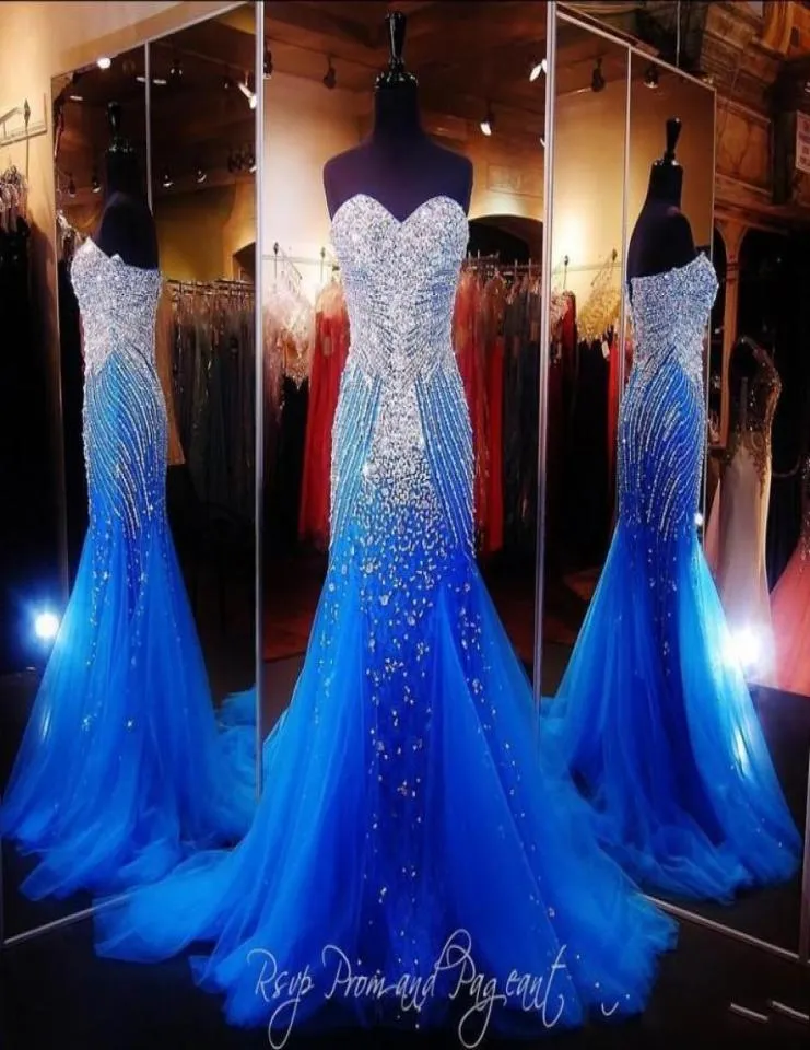 Abiti da ballo lunghi sirene blu royal donne da ballo sexy sweetheart vestido di lusso in perline di cristallo vestidos de gala Tulle Pageant Go4599713