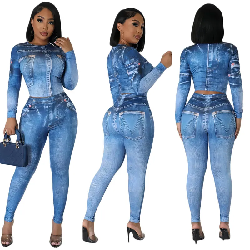 Damen Trailsuits Denimjacke und Jeans zweiteilige Hosen Set Casual Elastic Fashion Blue Denim Outfits Matching Set