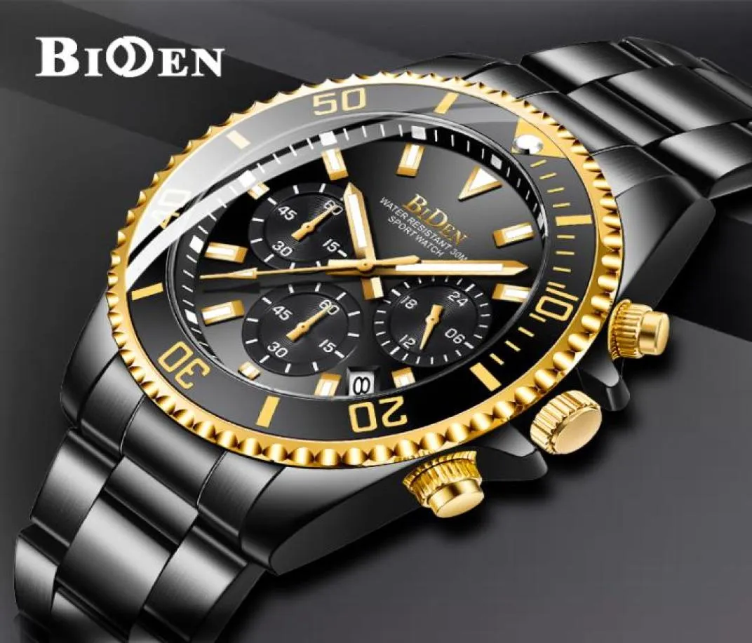 BIDEN Luxury Mens Watches Sports Chronograph Waterproof Analog 24 Hour Date Quartz Watch Men Full Steel Wrist Watches Clock T200722072938