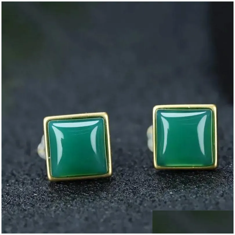 Kolczyki stadninowe Sprzedawanie naturalnego ręcznie rzeźbionego złota kolor 24K InLay Jade Square Studs Fashion Biżuter