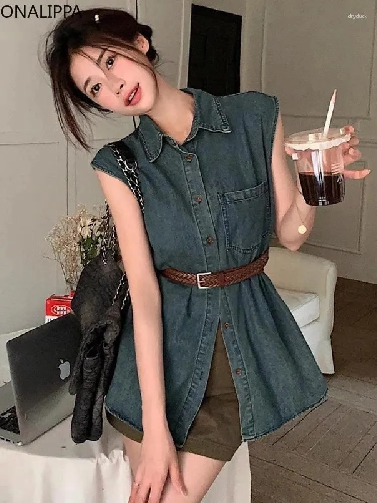 Frauen Tanks Onalippa Jean-Hemden für Frauen Taillengürtel Single Breaceed ärmellose Mittellänge Weste Koreanisch Drehkragen losen Tanktoper