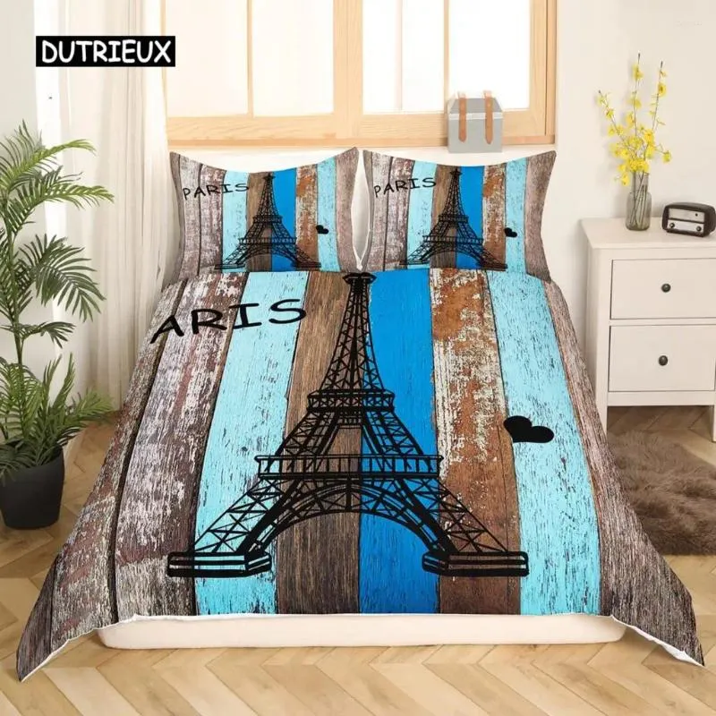 Постилочные наборы Эйфелева башня подвижной крышка наборы King Size Paris for Boy Girl Polyester CityScape деревянная текстура стеганое одеяло