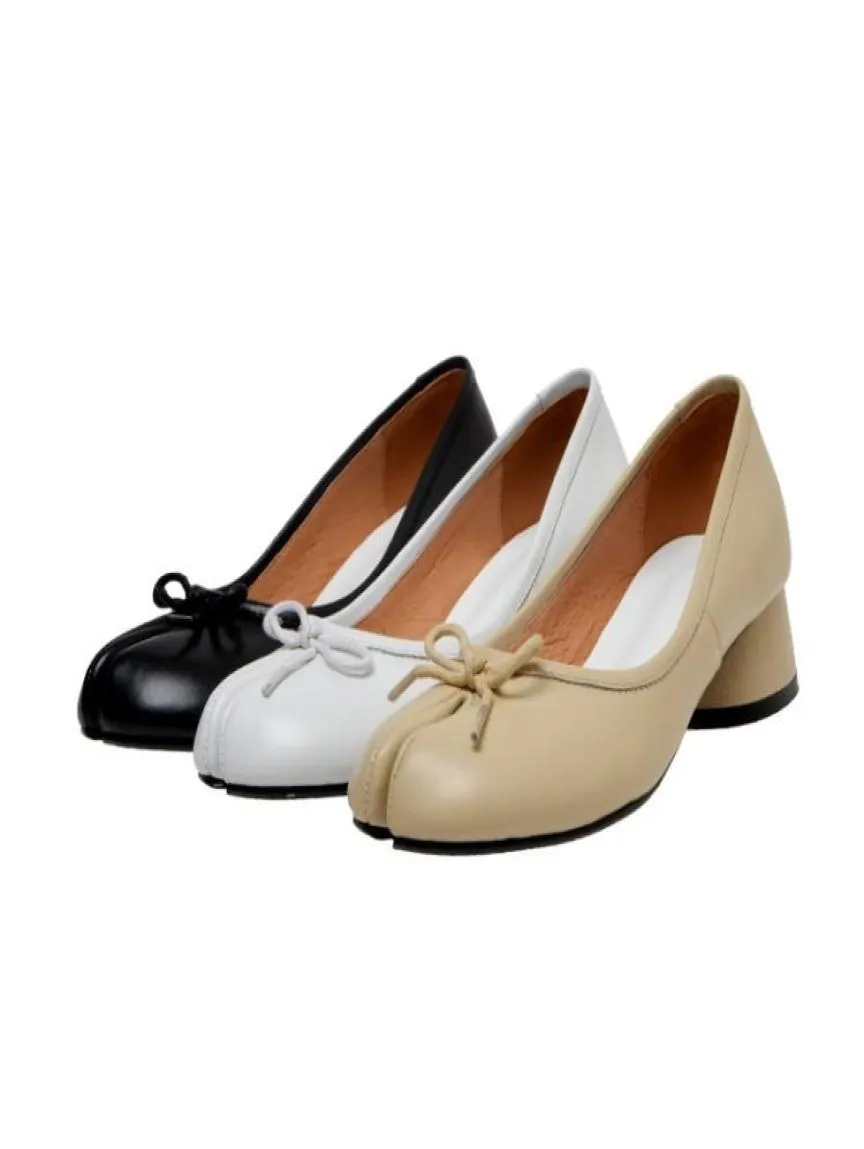 Dress Shoes Women039s Fashion Leather Bowtie Tabi Split Toe Mid Heel Ballet Court Pumps Sandals Real 20211453540