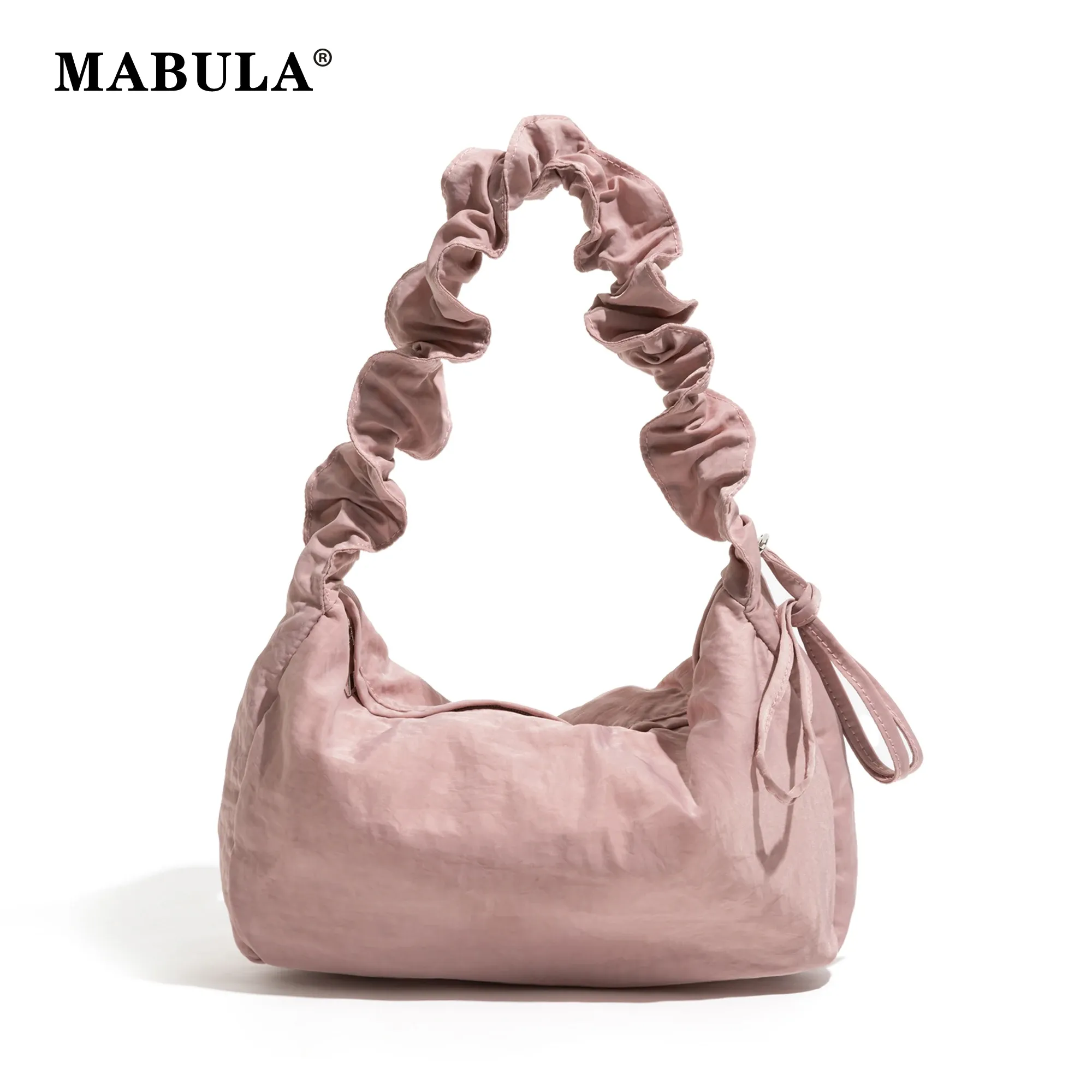 Buckets MABULA Ruffles Strap Women Nylon Shoulder Bag Simple Stylish Underarm Hobo Purse Chic Pink Single Daily Handbag