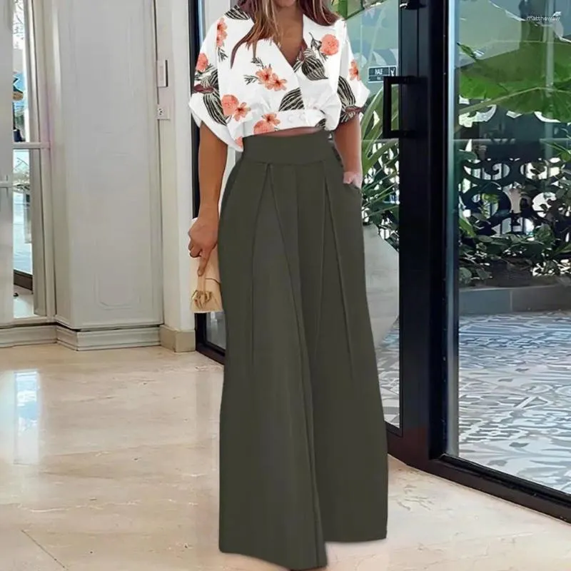 Women's Two Piece Pants Women Top Set Stylish V Neck Shirt Wide Leg With Color Matching Pockets Chic Commute Outfit For Work