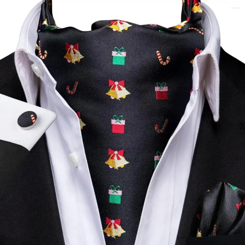 Bow Ties Hi-Tie Brand Jacquard Black Silk Men Elegant Christmas Ascots Hankerchief Cufflink Vintage Cravat Scarf Xmas Gift for Man Party