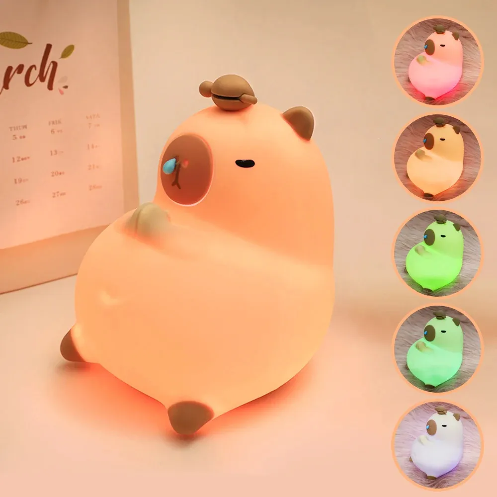 capybara 나이트 라이트 터치 센서 만화 부드러운 실리콘 램프 디밍 아동 생일 선물 방 장식 240410