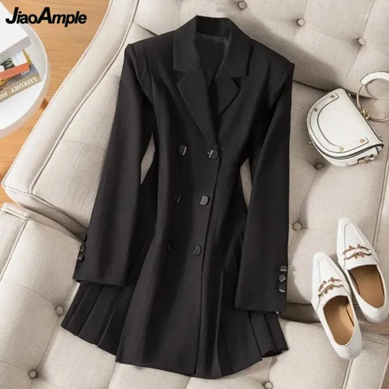 Casual Dresses Women Black Slim Blazers Mini Spring Autumn Korean Office Lady Graciful Double Button Pleated Suit 2024 Workwear