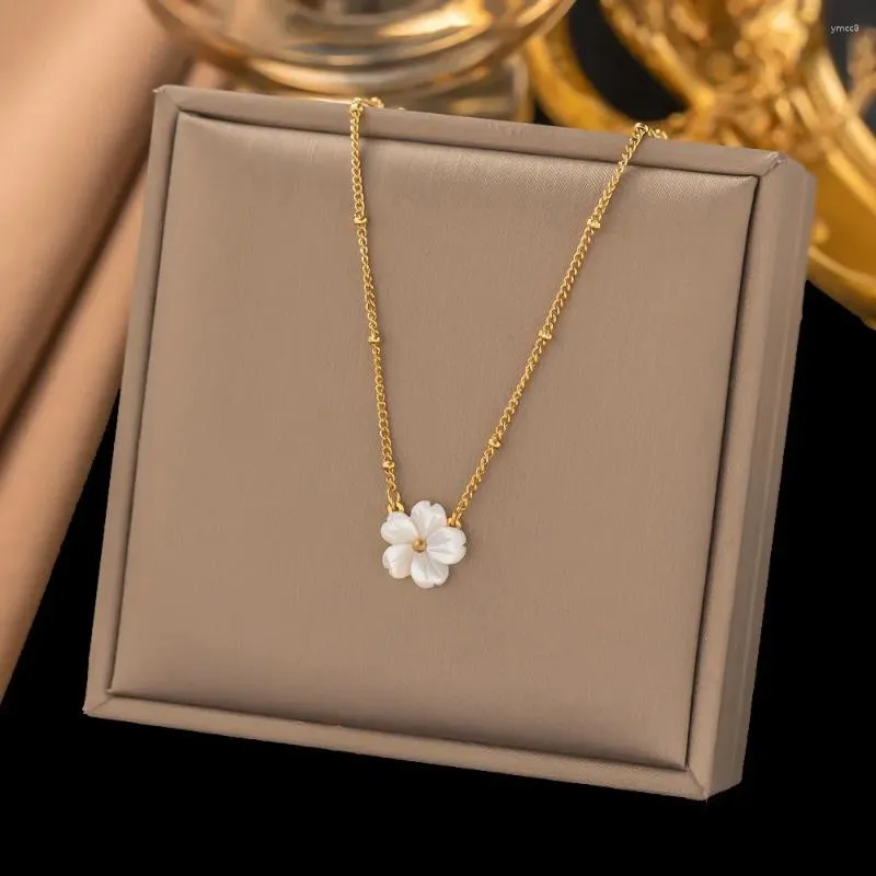 Pendant Necklaces Stainless Steel White Shell Flower Necklace For Women Girls Gold Color Cute Clavicle Chain Jewelry Wedding Birthday Gift