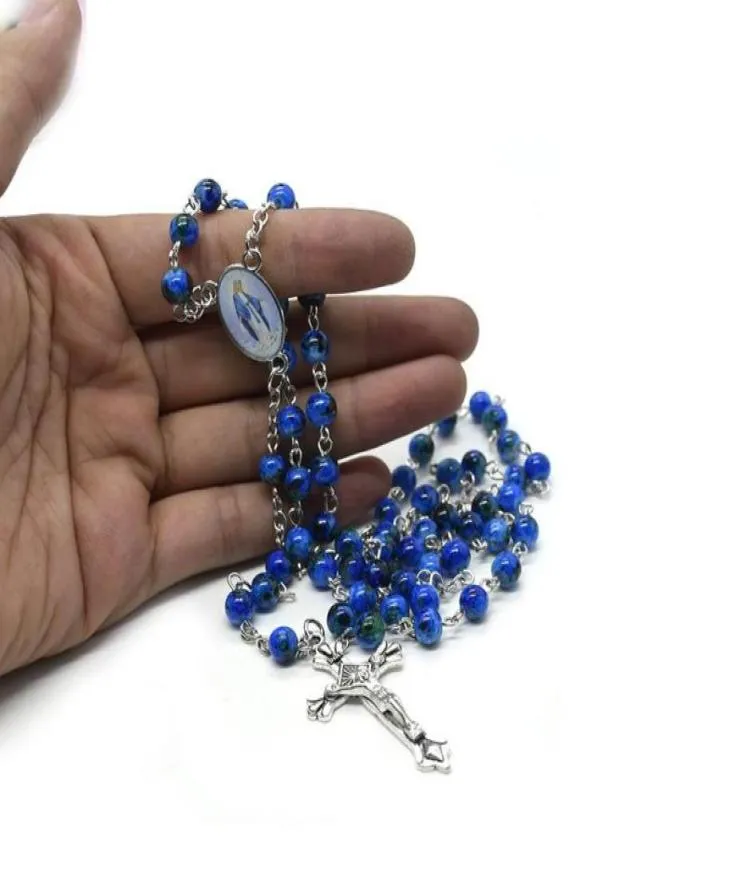 Colliers pendants Caris de cristal bleu marine catholique Vierge Marie Inri Crucifix Cross Rosaire Baptême religieux Jew1875091