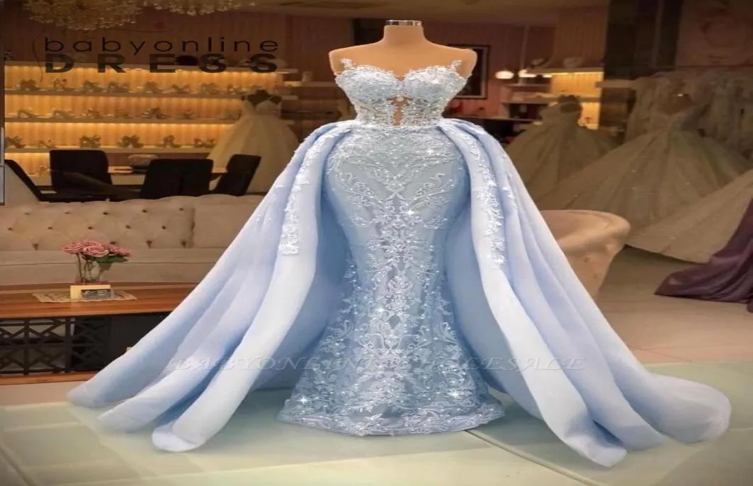 Fantastisk Light Sky Blue Mermaid Prom -klänningar med löstagbar kjol Sexig backless Sweetheart Illusionsapplikationer Pärlor Paljetter Long 1627458