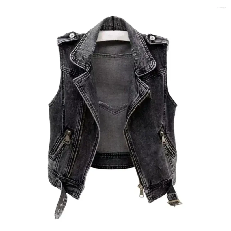 Chalecos de mujer Vest de mujeres livianas Denim vintage con bolsillos con cremallera para la solapa Wistwear Chaleco de tallas