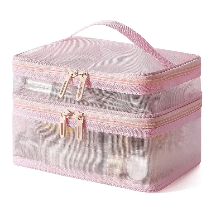 Cases roze dubbele laag mesh cosmetische tas vrouwen draagbare make -up case grote capaciteit reis rits rits make -up organisator toiletiekop opbergdoos