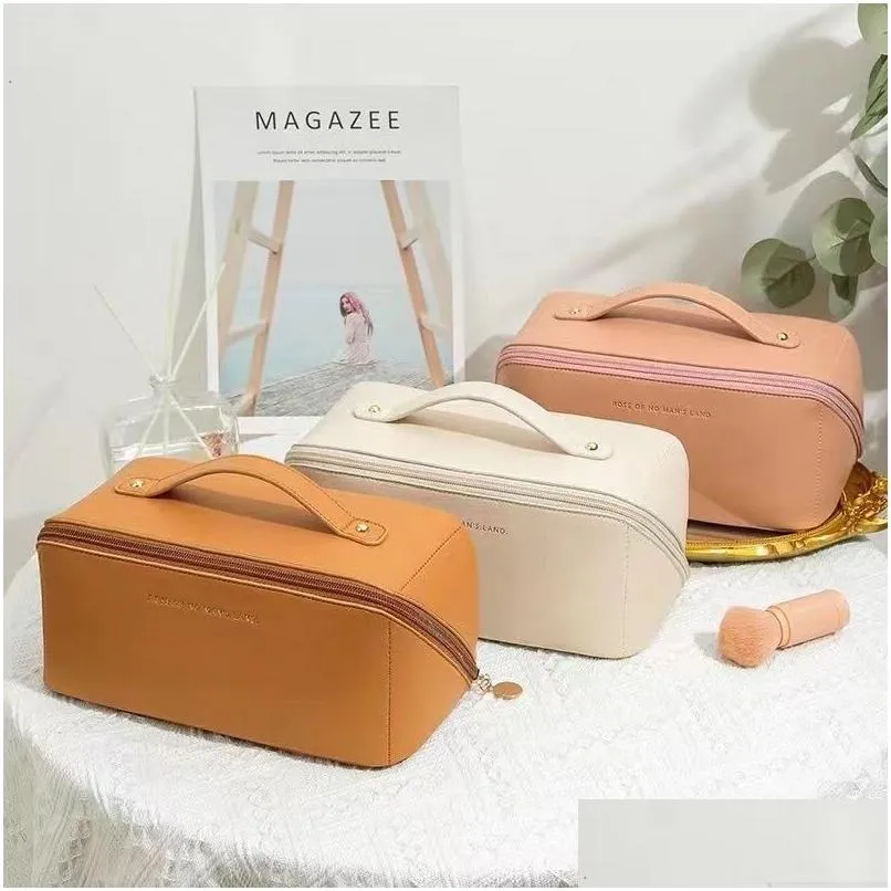 Cosmetic Bags Handle Large Capacity Travel Bag Waterproof Pu Leather Makeup Zipper Pouch For Women Girl Drop Delivery Health Beauty Ca Otpjq