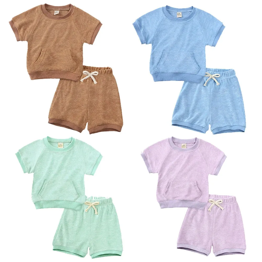 Весенняя осенняя детская наряды сплошной ткани Терри трюшерс одежда летняя девочка для мальчика корейский спортивный костюм для младенца 9 мл.