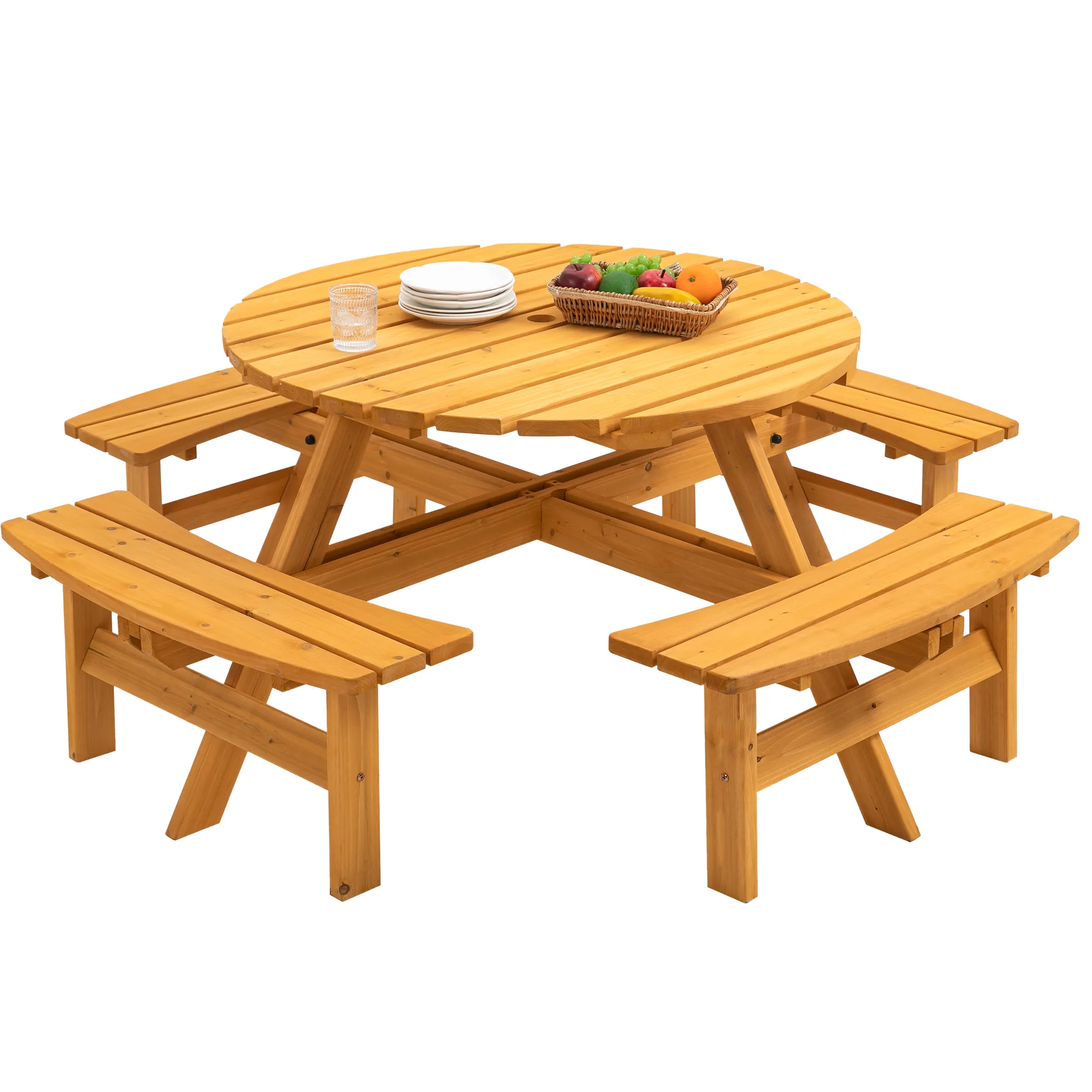 8-Person Outdoor Circular Wooden Picnic Table with 3 Built-in Benches for Patio Backyard Garden, Natural