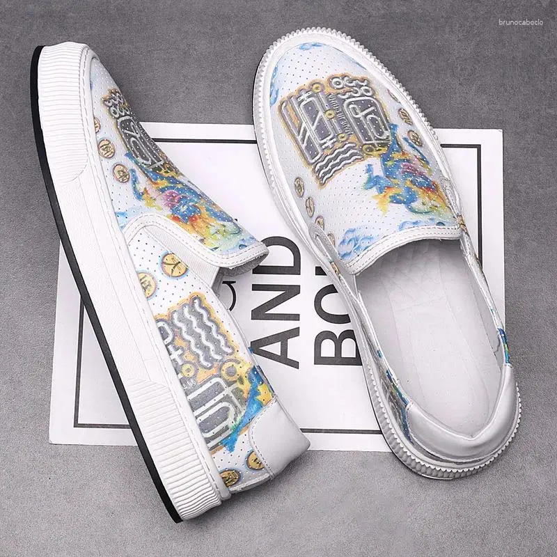 Casual Shoes Chinese Graffiti Men's White Foot Leather Loafers Board Fashion Penny Low Top Single