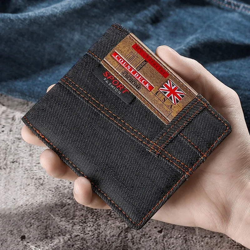 Plånböcker Nya herrplånbok Kvalitet Korta Purses Denim Tyg Män Business Wallet Card Holder Man Zipper Purse Coin Bag Portefeuille Homme