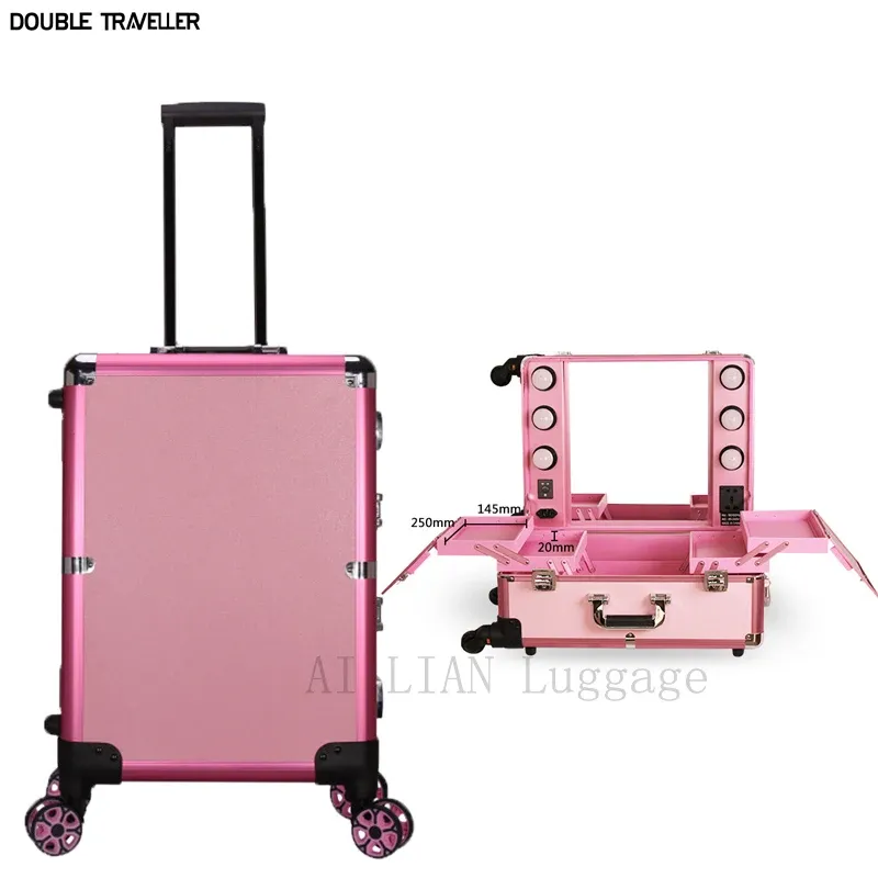 Bagage Ny vagn Cosmetic Bag Largecapacity Professional Makeup Case Rolling Bagage With LED Light Multifunction Trolley resväska