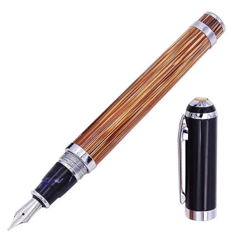 Pens Duke 552 Fountain Metal Poll Natural Bamboo Ink Pen Golden Stripe Bamboo Medium Finche 0,7 mm Chrome Placing Business Office Gift Styl