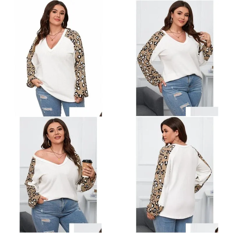 Womens Plus Size T-Shirt Herbst Winter Winter V-Ausschnitt Tops Frauen Leoparden Druck Patchwork LG Ärmeln Modis Damen Blusen lässig Lose Frau 202 otnln