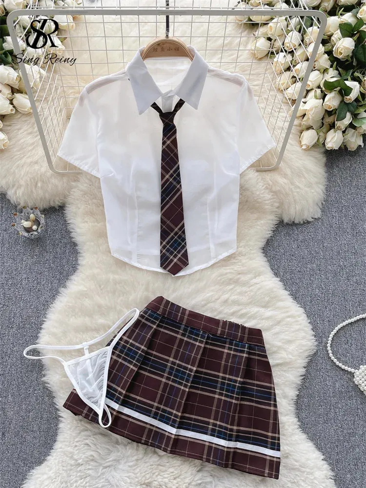 Singreiny Plaid JK mundur erotyczne garnitury bielizny żeńskie bluzki z krótkim rękawem spódnice garnitury kobiety cosplay sheer sexy sets 240419