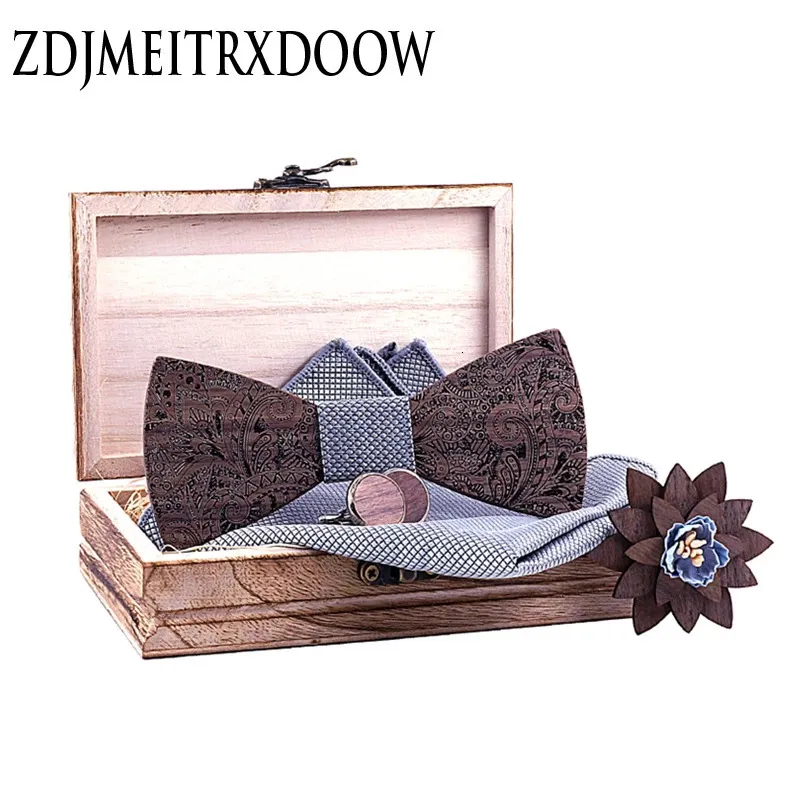 Bowtie in legno in legno grigio argento per uomo sposare gemelli quadrati tascabili set di spille di linea accessori floreali cadeau homme 240412