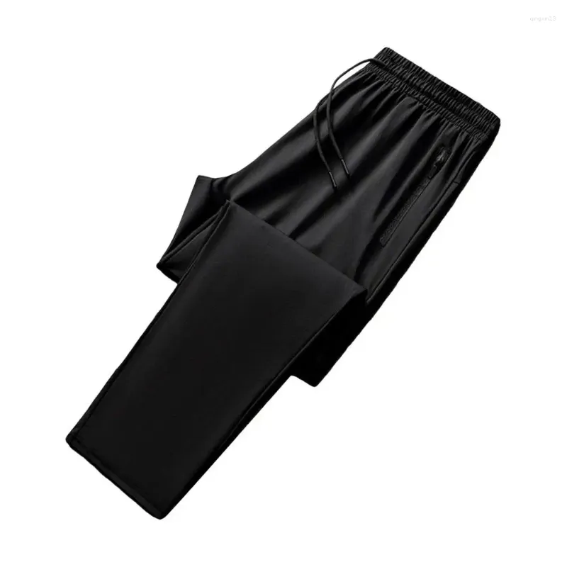 Pantaloni maschili di seta ghiacciata sport ad asciugatura rapida con tasche a lato largo per la palestra di allenamento elastico vita