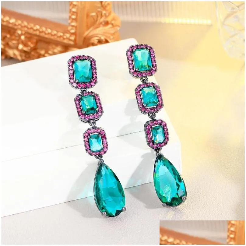 Brincos de lustres de berros cwwzircões de água elegante e elegante cristal verde e rosa cúbico de zircão cúbico envolvimento de festas longas para mulheres cz485 dhsxm