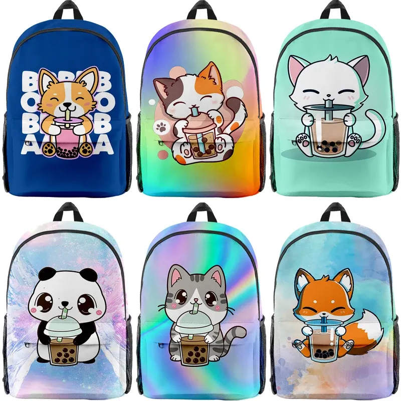 Backpacks Boba Tea Animals Backpack Cute Cat Fox Panda School Bag Children Backpacks Boys Girls Cartoon Bookbag Zipper Knapsack Mochilas