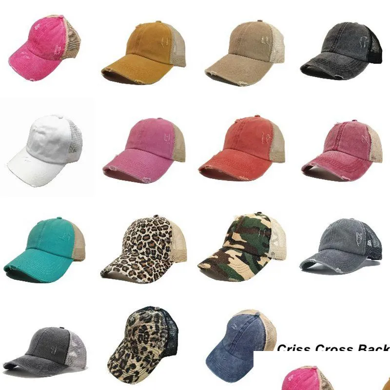 Chapeaux de fête Criss Cross Mesh Back Baseball Cap Woman Washed Died Dessy Bun PonyCap Trucker Drop Livrot Home Garden Festive Suppl 98 DHH98