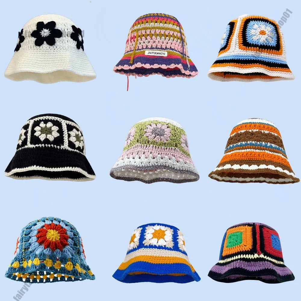Breda randen hattar hink hattar höst virkning hatt koreansk handgjorda hinkar hatt kvinnor vävning stickad hatt y2k mode blommor höst vinter mössor