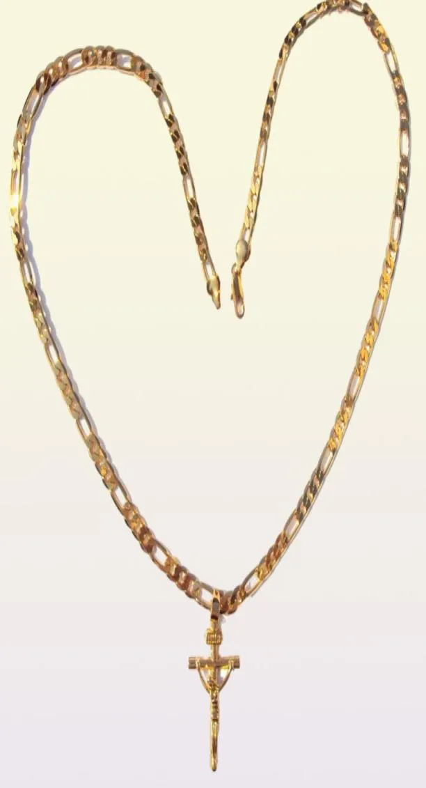 24k Solid Gold GF 6mm Italian Figaro Link Chain Necklace 24" Womens Mens Jesus Crucifix Pendant6938042