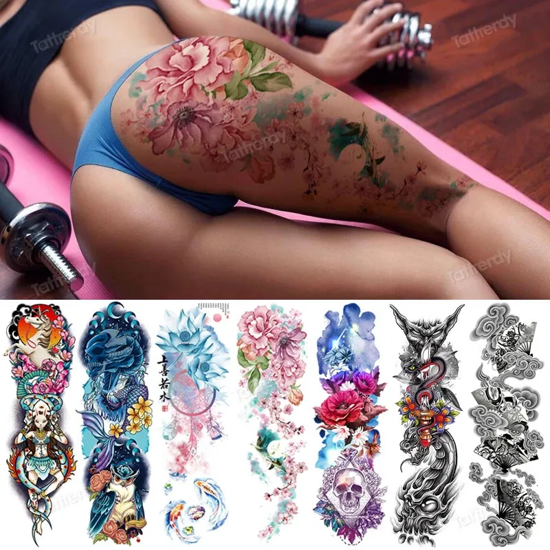 sexy fake tattoo for woman waterproof temporary tattoos large leg thigh body stickers peony lotus flowers fish dragon 240418