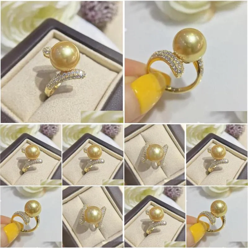 Cluster Anneaux Magnifique ÉNORME ÉNORME 11 à 10 mm Round Natural South Sea Golden Pearl Ring 925s ... Drop Livrot Bijoux DHQTJ