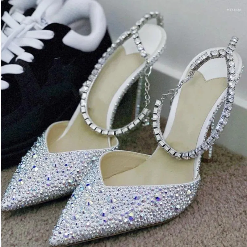 Scarpe eleganti rinestones da donna con tacchi alti pompe di lusso glitter cristallo caviglia sandali sandali designer puntato di punta