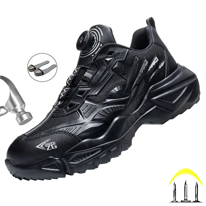 Chaussures de sécurité de travail de boucle rotative pour hommes Toe en acier Black Black Indestructible Chaussures Posteaux Posteaux Plateforme Unisexe 240419