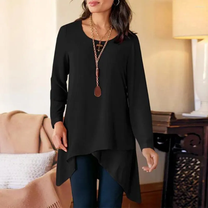 Women's Blouses Soft Blouse Stylish Spring Summer Casual Tops O-neck Long Sleeve Irregular Hem Pullover Solid Color Tee Shirt Plus Size