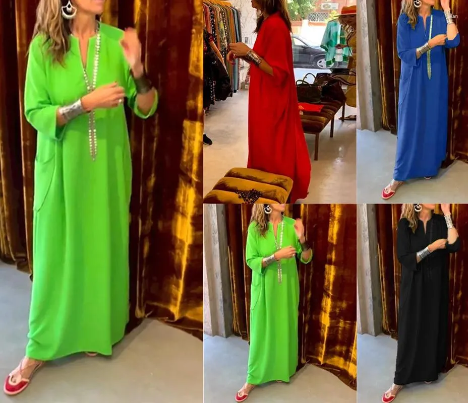 Sıradan Elbiseler 2024 Sonbahar Kış Uzun Elbise Temel Modern Yaprak Düz Renk Cep Baskı Dış Mekan Günlük Tatil Kolu Moda