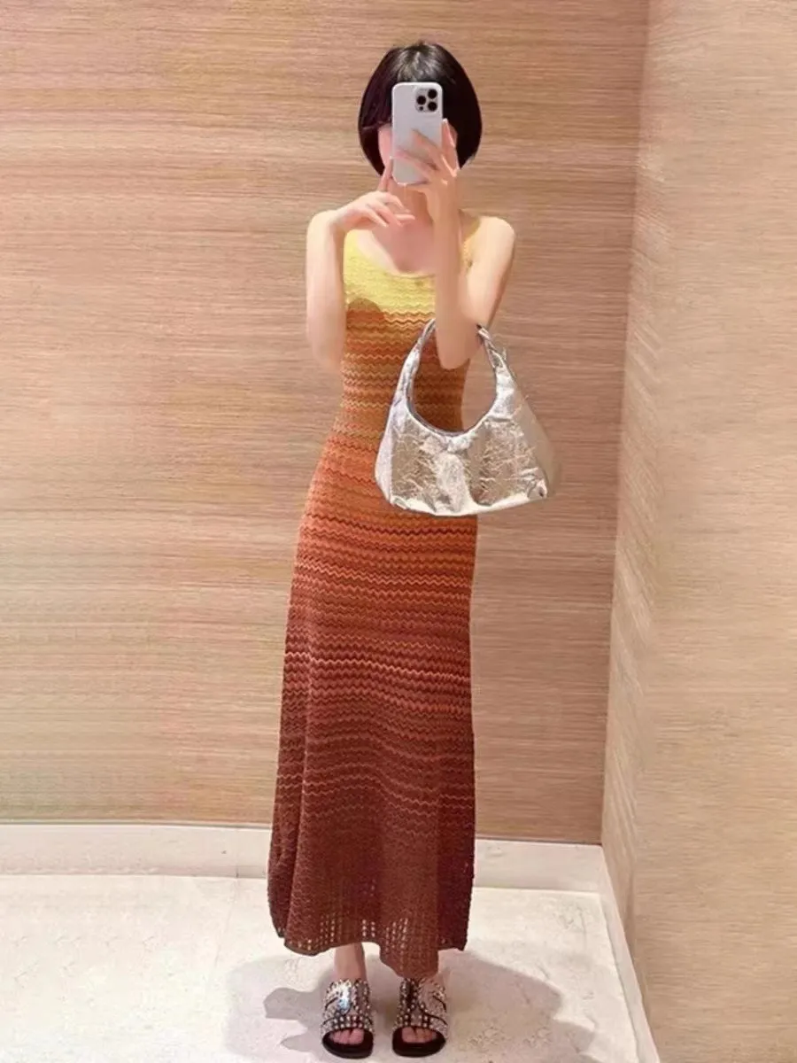 Slim Fit Gradient Strap Dress with V-Neck and Empire Waistline in Viscose,  Above Knee Length, Long Sleeve with Hollow Out Pattern from Dhgate Basic &  Casual Dresses - price 76.33