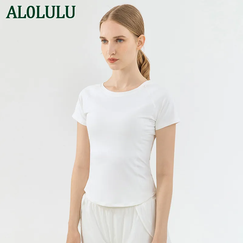 Al0lulu dames nieuwe yoga tops round nek yoga kleding ademende sport korte mouwen stretch slanke t-shirt bijgesneden top