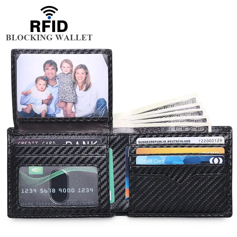 Portfele dienqi RFID z włókna węglowego skórzane męskie portfel