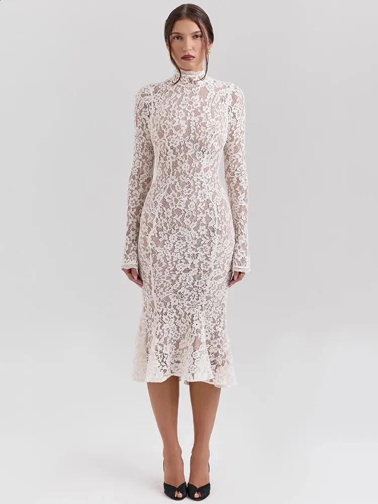Mozision Lace Long Sleeve Sexy Midi Dress For Women Elegant White Half High Collar Waist Bodycon Club Party 241119